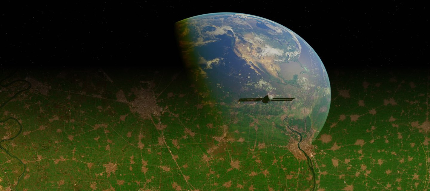 A satellite and the green-blue Earth over West African farmland — Earth observation for agriculture