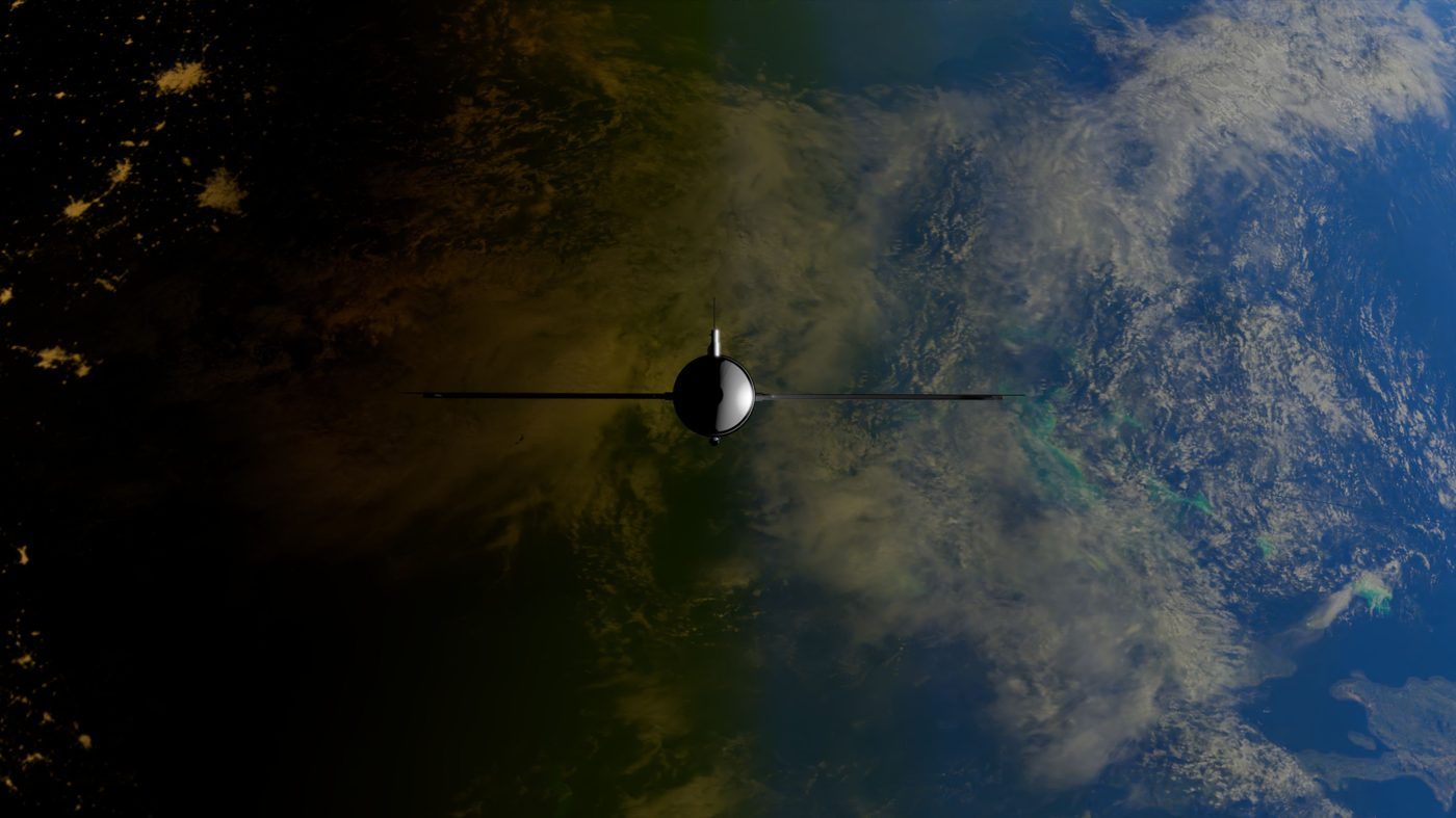 A satellite over the Earth at the day–night terminator